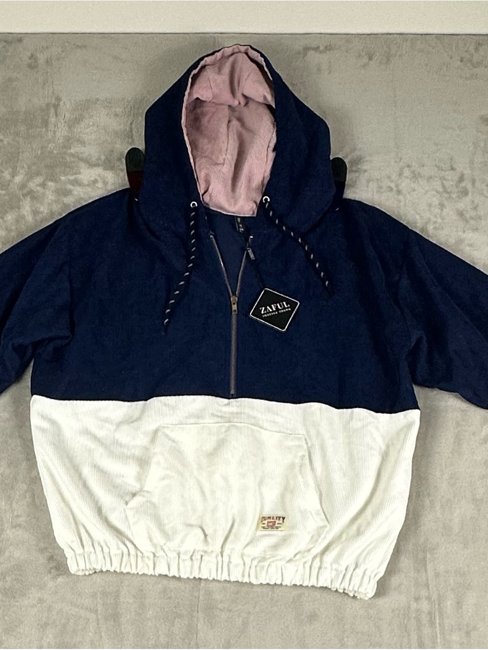Zaful Navy, White and Pink Hooded Colorblock Pullover